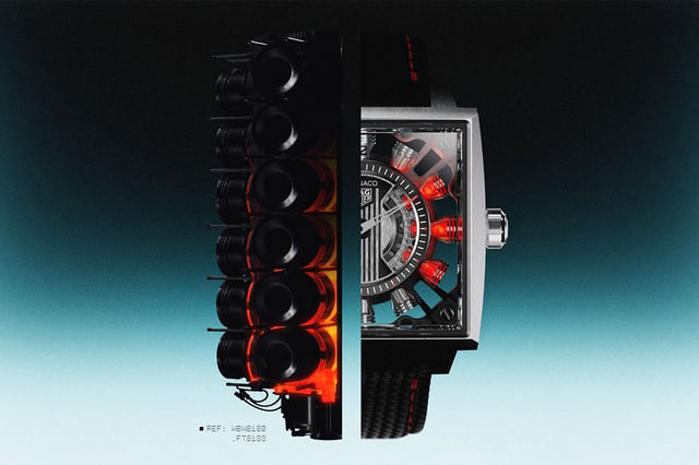 TAG Heuer Monaco Speed 12, geteilte Darstellung des Zifferblattes und der Inspiration