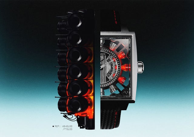 TAG Heuer Monaco Speed 12, geteilte Darstellung des Zifferblattes und der Inspiration