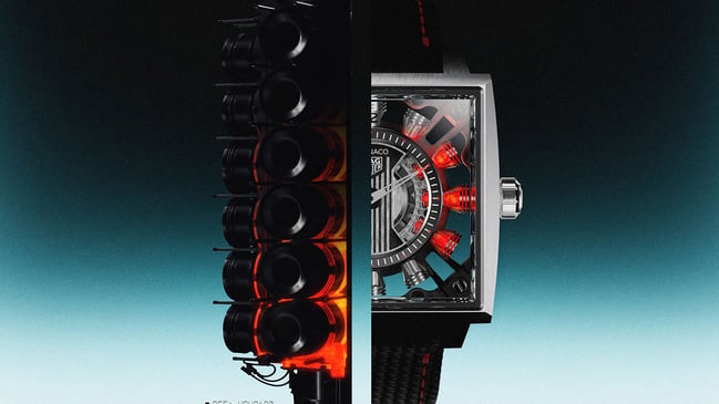 TAG Heuer Monaco Speed 12, geteilte Darstellung des Zifferblattes und der Inspiration