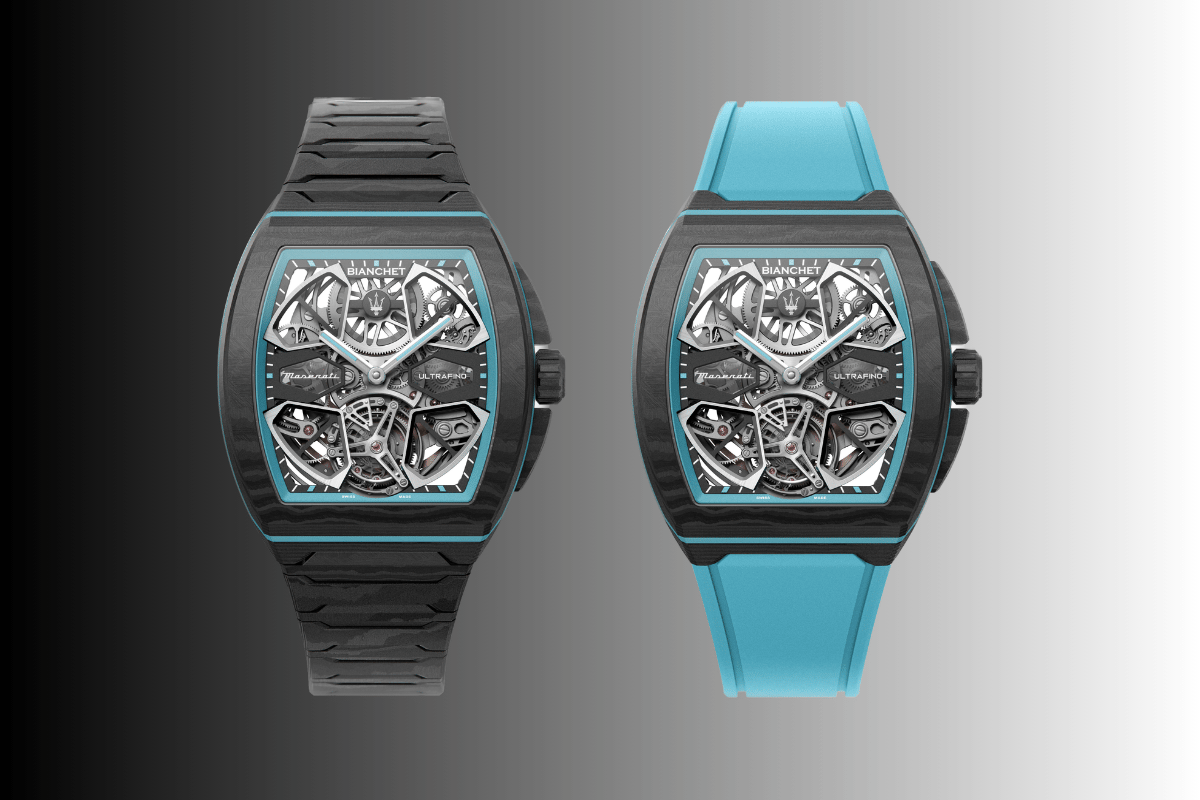 Die zwei Armbandoptionen der UltraFino Maserati, zwei Uhren Frontalansicht mit Zifferblättern