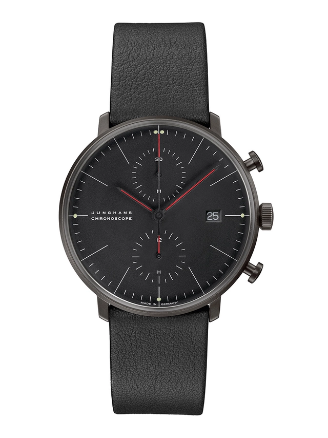 Junghans_max bill Chronoscope Bauhaus 27_4409_02_RGB schwarzes Zifferblatt, von vorne