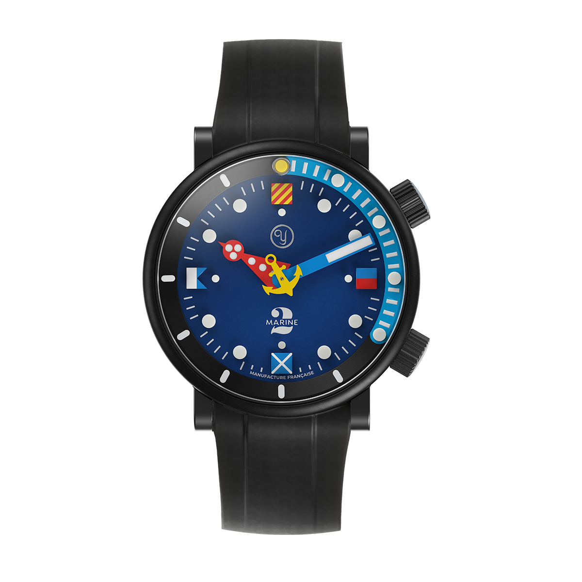 Frontansicht der Yema x Silberstein Marine mit dunkelblauem Zifferblatt