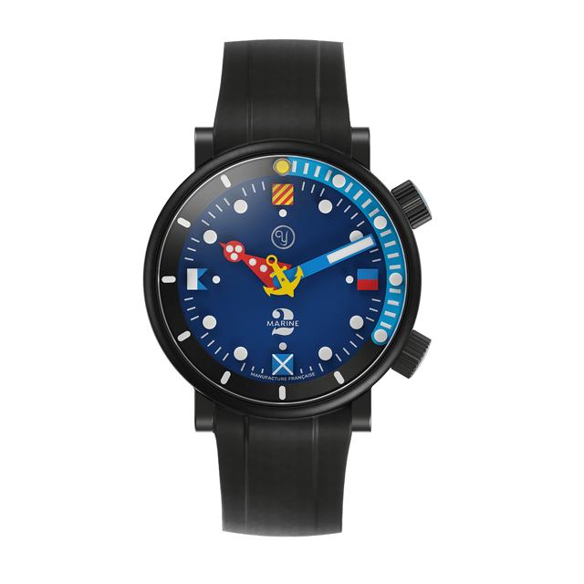 Frontansicht der Yema x Silberstein Marine mit dunkelblauem Zifferblatt