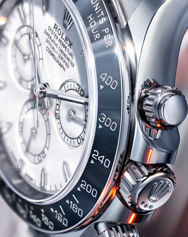 Rolex Daytona, Automatikchronograph aus Edelstahl und Platin mit weißem Zifferblatt