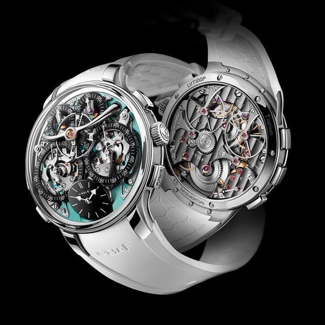 MB&F Legacy Machine Sequential Flyback Evo Titan-Edition mit Aquamarin-Zifferblatt und Chronographen-Flyback-System