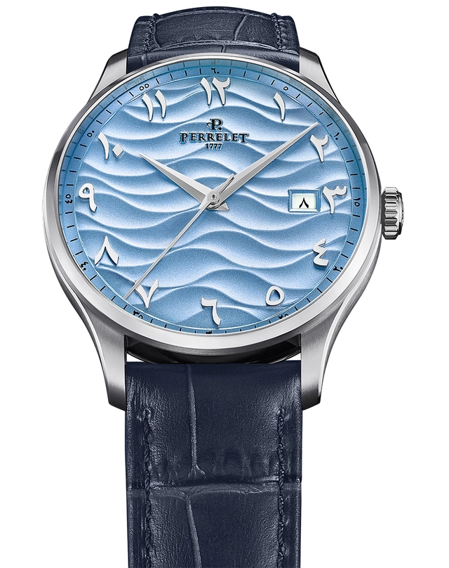 Perrelet – Weekend Arctic Dunes, elegante Edelstahluhr mit Automatikwerk und hellblauem Zifferblatt