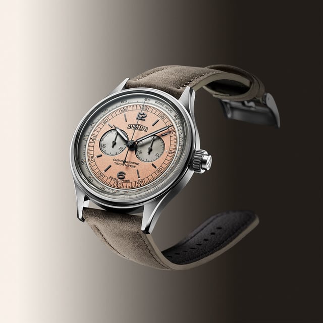 Angelus: Chronographe Tachymètre Stahl Korallenrosa mit Grau