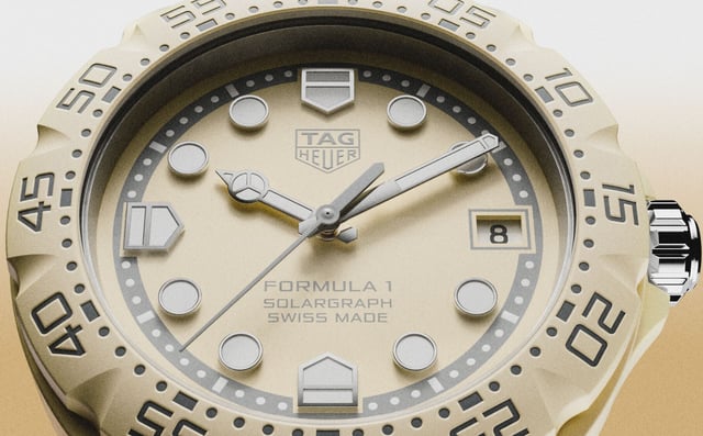 Nahaufnahme des Zifferblatts der TAG Heuer Formula 1 Solargraph 38mm Pastell in gelb