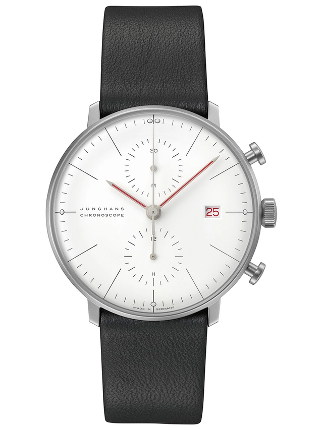 Junghans_max bill Chronoscope Bauhaus 27_4303_02 von vorne, weisses Zifferblatt