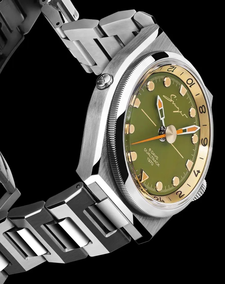 Singer Reimagined – 1970 DualTrack, Handaufzugsuhr aus Edelstahl mit grünem Zifferblatt und GMT-Funktion