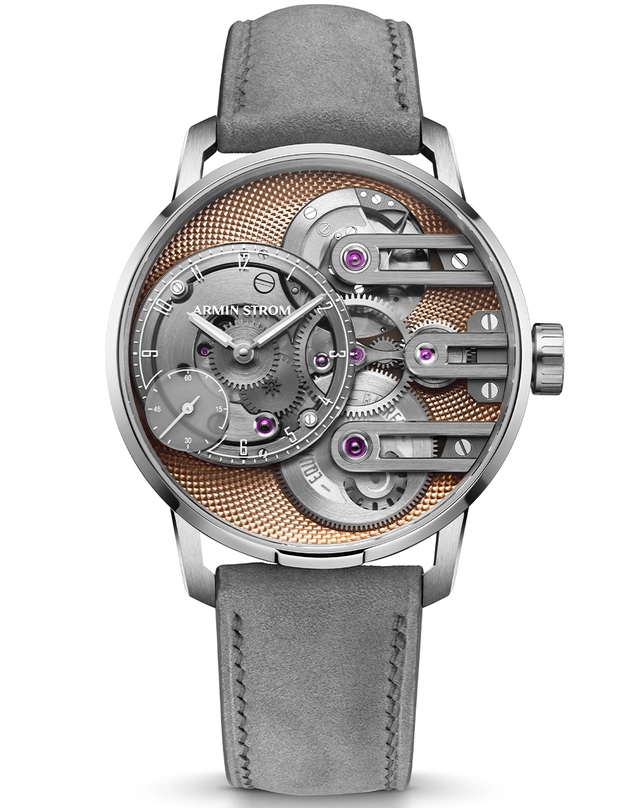 Armin Strom – Gravity Equal Force Ultimate Sapphire Salmon, komplizierte Luxusuhr mit lachsfarbener Farbgebung und Lederband