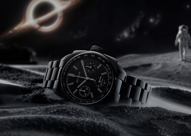  Bulova Lunar Pilot Black Hole: Uhr liegend vor dunklem Hintergrund