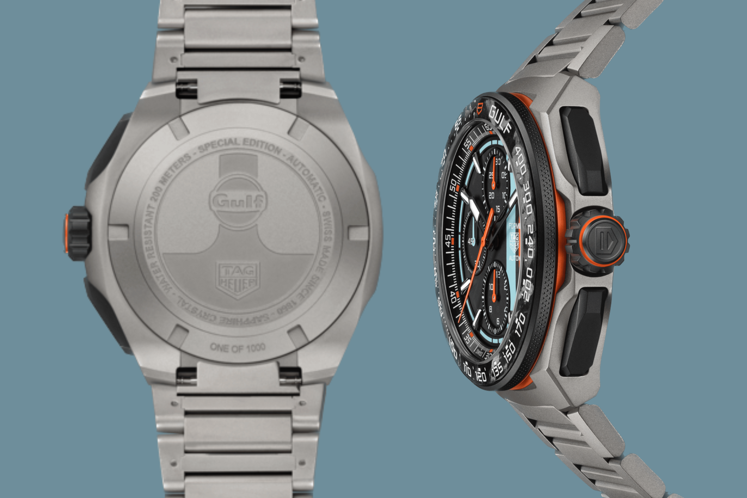 Rückseite und Seitenansicht des TAG Heuer Formula 1 Automatic Chronograph x Gulf