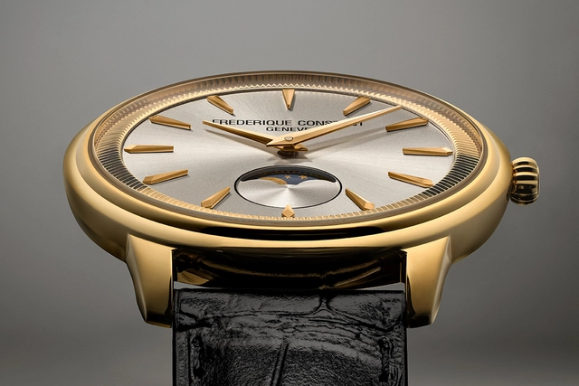 Frederique-Constant-Classics-Moneta-Moonphase-206S3S5 goldene Variante, Blick auf Lünette und Zifferblatt