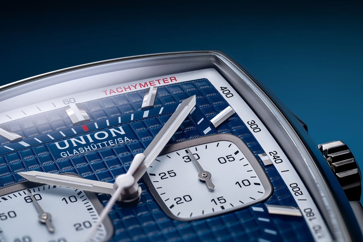 Union Glashuette Averin Chronograph, Ref. D015.527.17.041.02, Zifferblatt Nahaufnahme