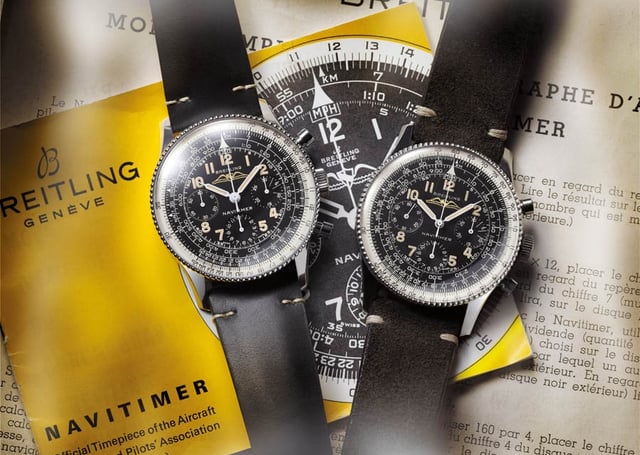 Breitling: Navitimer Ref. 806 1959 Re-Edition (links) mit dem Kaliber B09 und das historische Vorbild Navitimer Ref. 806 von 1959