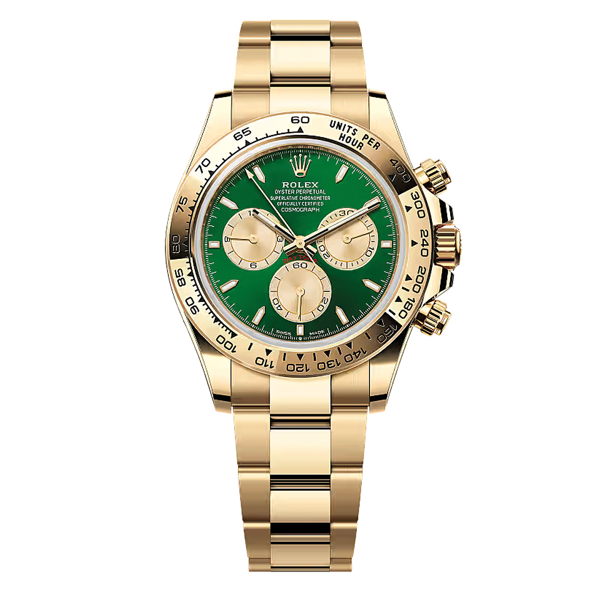 Cosmograph Daytona Referenz 126508 in Gelbgold mit grünem Zifferblatt