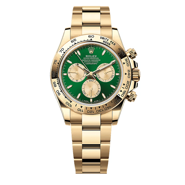 Cosmograph Daytona Referenz 126508 in Gelbgold mit grünem Zifferblatt