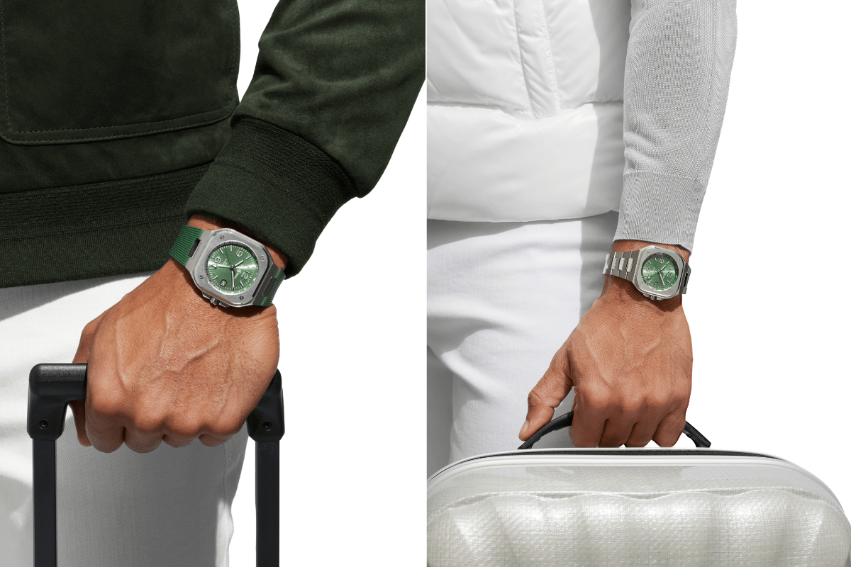 Die Bell & Ross BR-05 GMT Green Steel mit Kautschuk- oder Edelstahlarmband, Männerhand, Koffer
