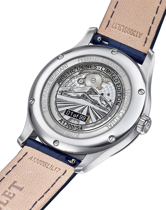 Perrelet – Weekend Arctic Dunes, elegante Edelstahluhr mit Automatikwerk und hellblauem Zifferblatt