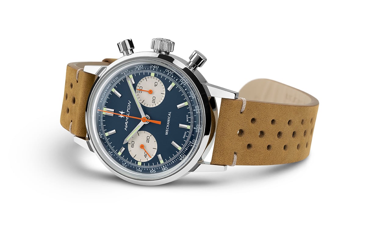 Hamilton American Classic Chronograph H, Ref. H38429541, Uhr mit blauem Zifferblatt und beigem Lederband