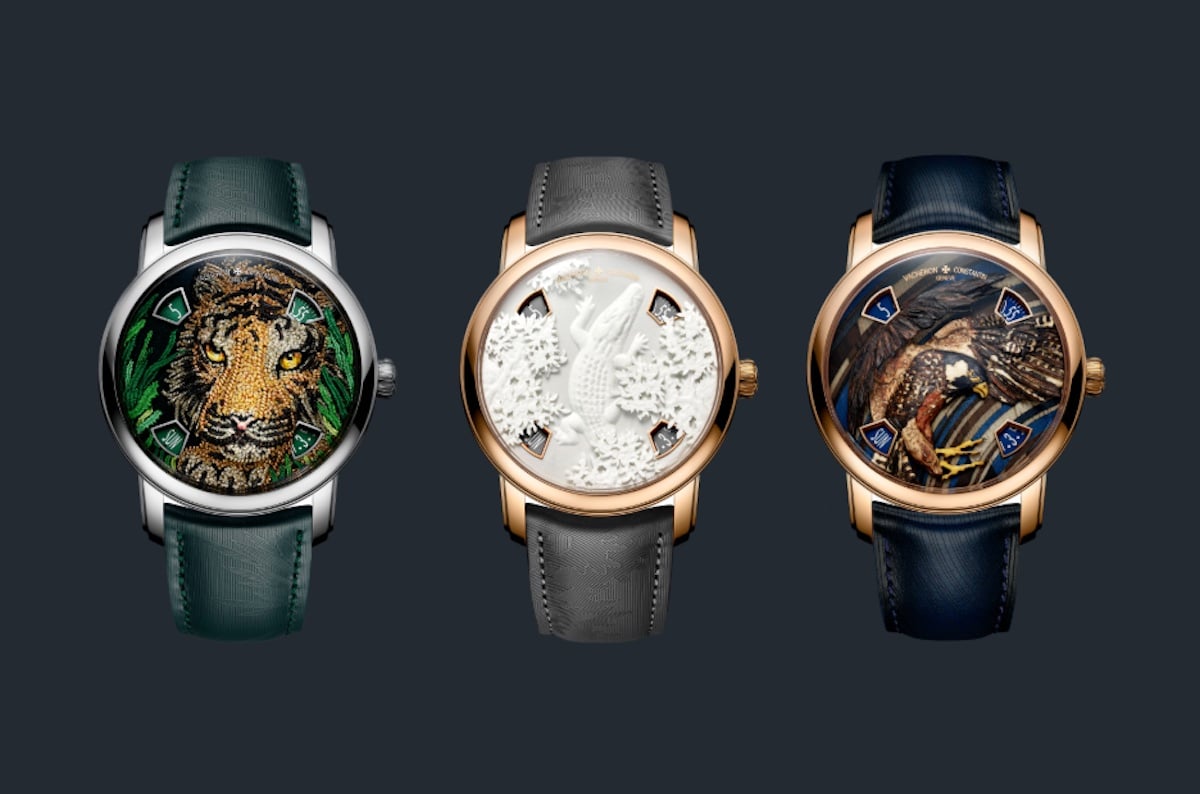 Drei versionen der Vacheron Constantin Métiers d'Art Tribute to the Animal Kingdom, front