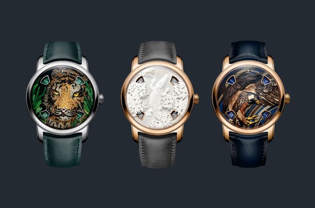 Drei versionen der Vacheron Constantin Métiers d'Art Tribute to the Animal Kingdom, front