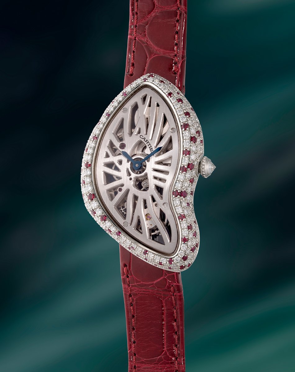 Cartier Crash Squelette, ausgefallene Luxusuhr aus Platin mit Edelsteinbesatz