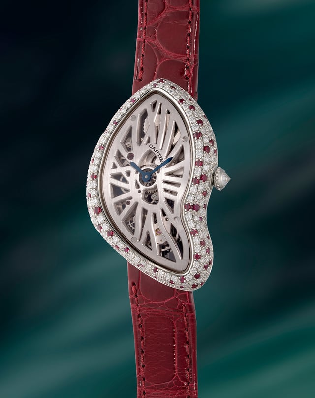 Cartier Crash Squelette, ausgefallene Luxusuhr aus Platin mit Edelsteinbesatz