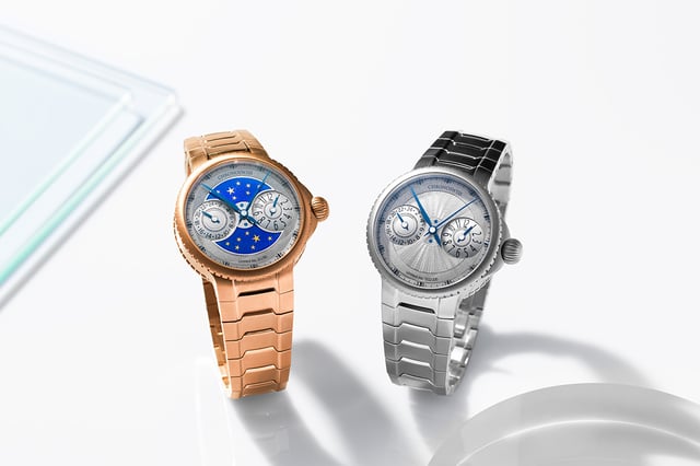 Chronoswiss Pulse GMT Enamel Sky Gold und Pulse GMT Silver Guilloche, zwei Uhren, gold und Stahl