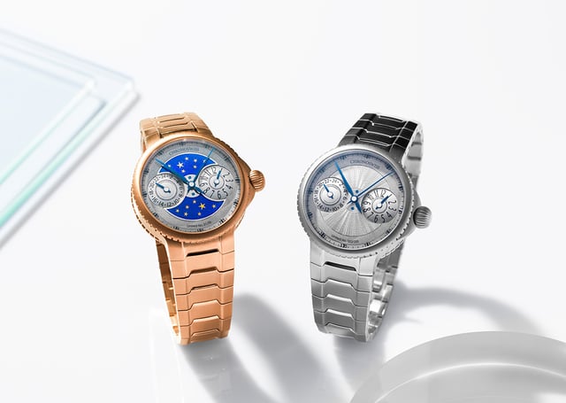 Chronoswiss Pulse GMT Enamel Sky Gold und Pulse GMT Silver Guilloche, zwei Uhren, gold und Stahl