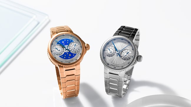 Chronoswiss Pulse GMT Enamel Sky Gold und Pulse GMT Silver Guilloche, zwei Uhren, gold und Stahl
