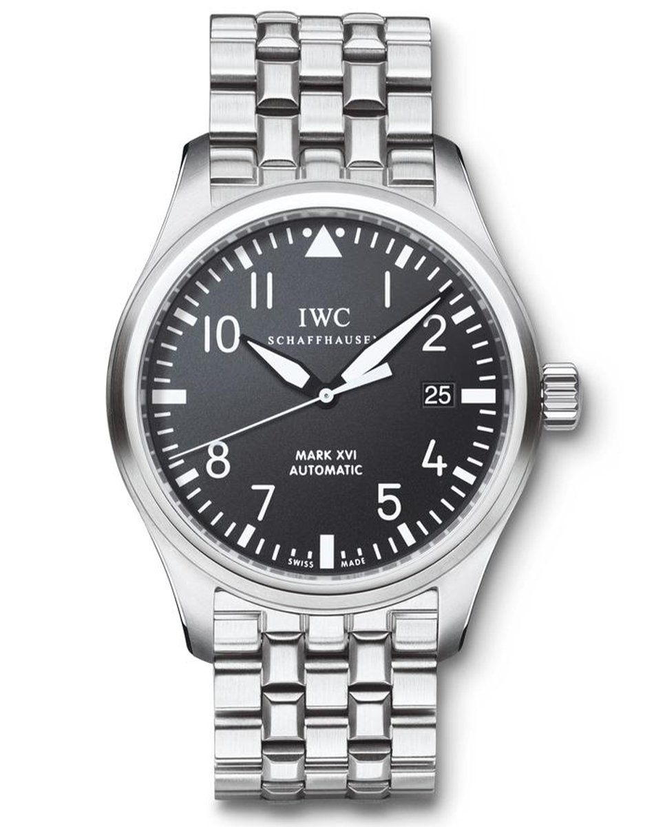 IWC Pilot’s Watch Mark XVI, Fliegeruhr mit Metallband und schwarzem Zifferblatt