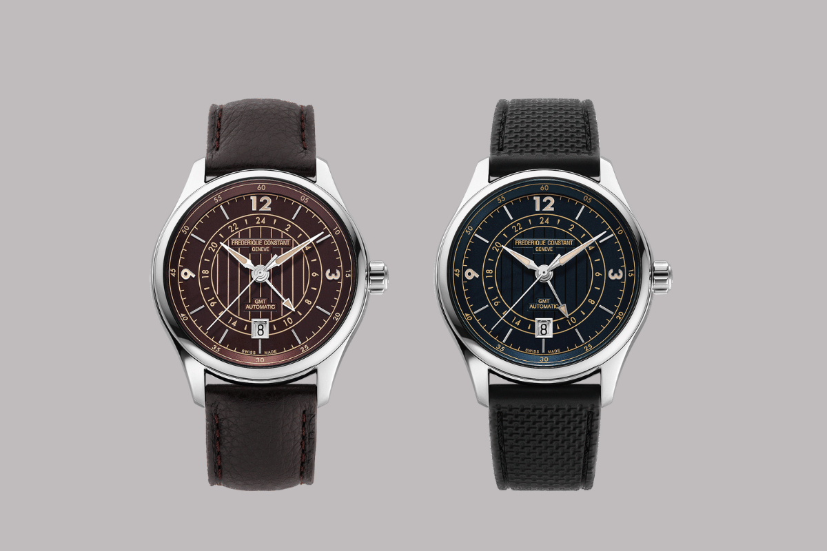 beide versionen der Frederique Constant Classics Runabout Automatic GMT, front, armband, zifferblatt