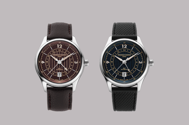 beide versionen der Frederique Constant Classics Runabout Automatic GMT, front, armband, zifferblatt