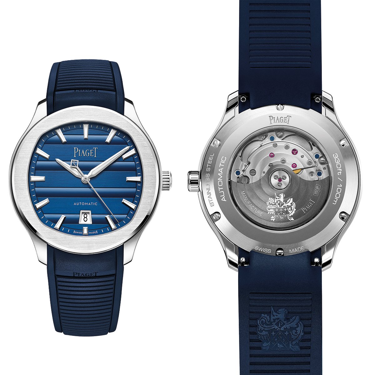 Piaget Polo Signature, Frontansicht einer Uhr sowie Rückansicht mit Blick auf das Kaliber