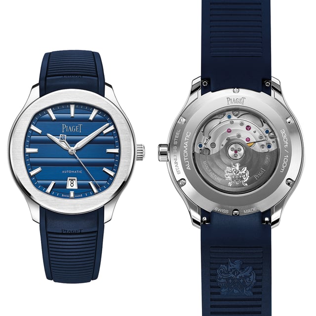 Piaget Polo Signature, Frontansicht einer Uhr sowie Rückansicht mit Blick auf das Kaliber