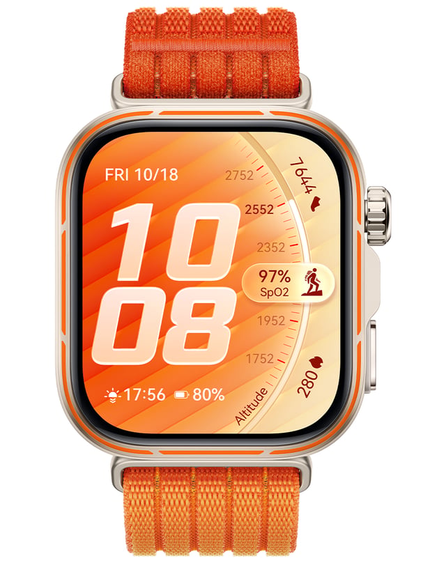 Huawei Watch Fit 5 Pro, Smartwatch mit Gesundheits- und Sportfunktionen und orangefarbenem Band