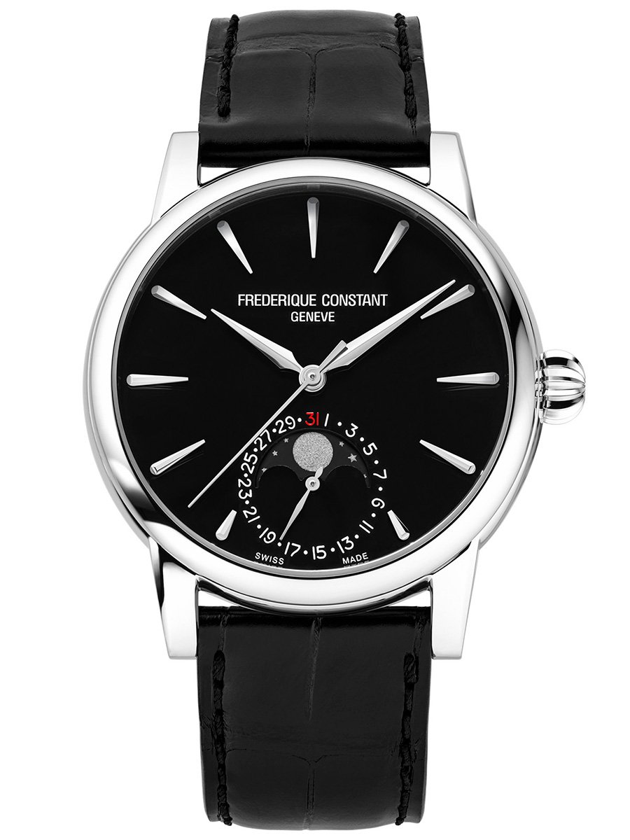 Frederique Constant Classic Moonphase Date Manufacture & Onyx: Frontansicht schwarze Uhr