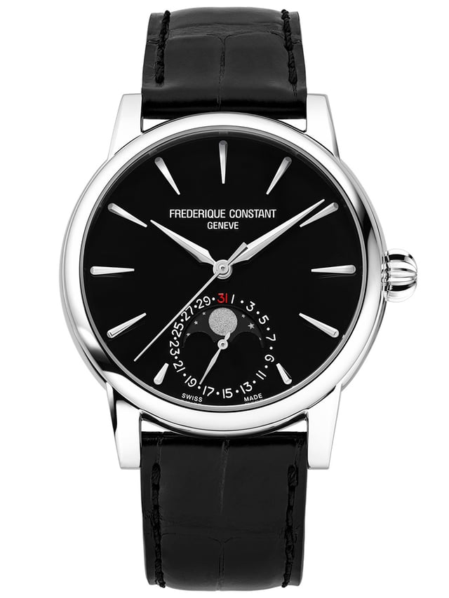 Frederique Constant Classic Moonphase Date Manufacture & Onyx: Frontansicht schwarze Uhr
