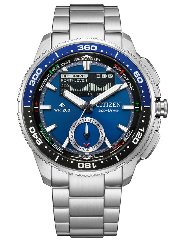 Citizen Promaster Wave Tracker, Ref. JV3006-50L, blaues Zifferblatt und Stahlband: Frontansicht Uhr