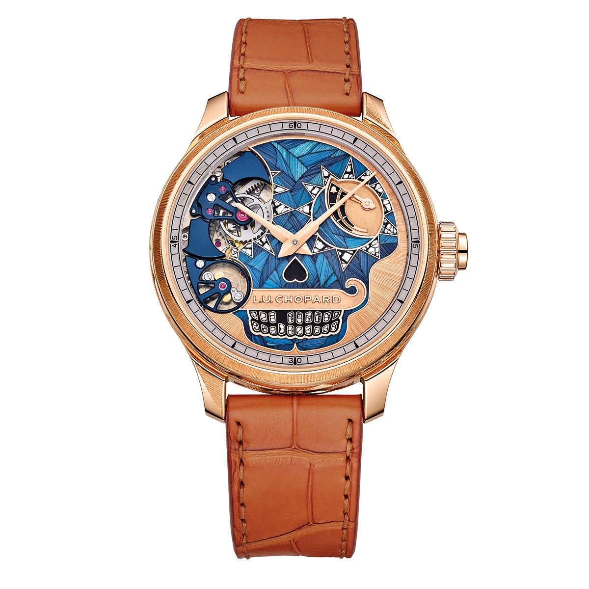 Saphir-Tonfedern, Stroh-Intarsien: Chopards Calavera-Repetition, Frontansicht Uhr L.U.C Full Strike Día de los Muertos