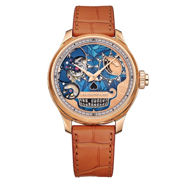 Saphir-Tonfedern, Stroh-Intarsien: Chopards Calavera-Repetition, Frontansicht Uhr L.U.C Full Strike Día de los Muertos