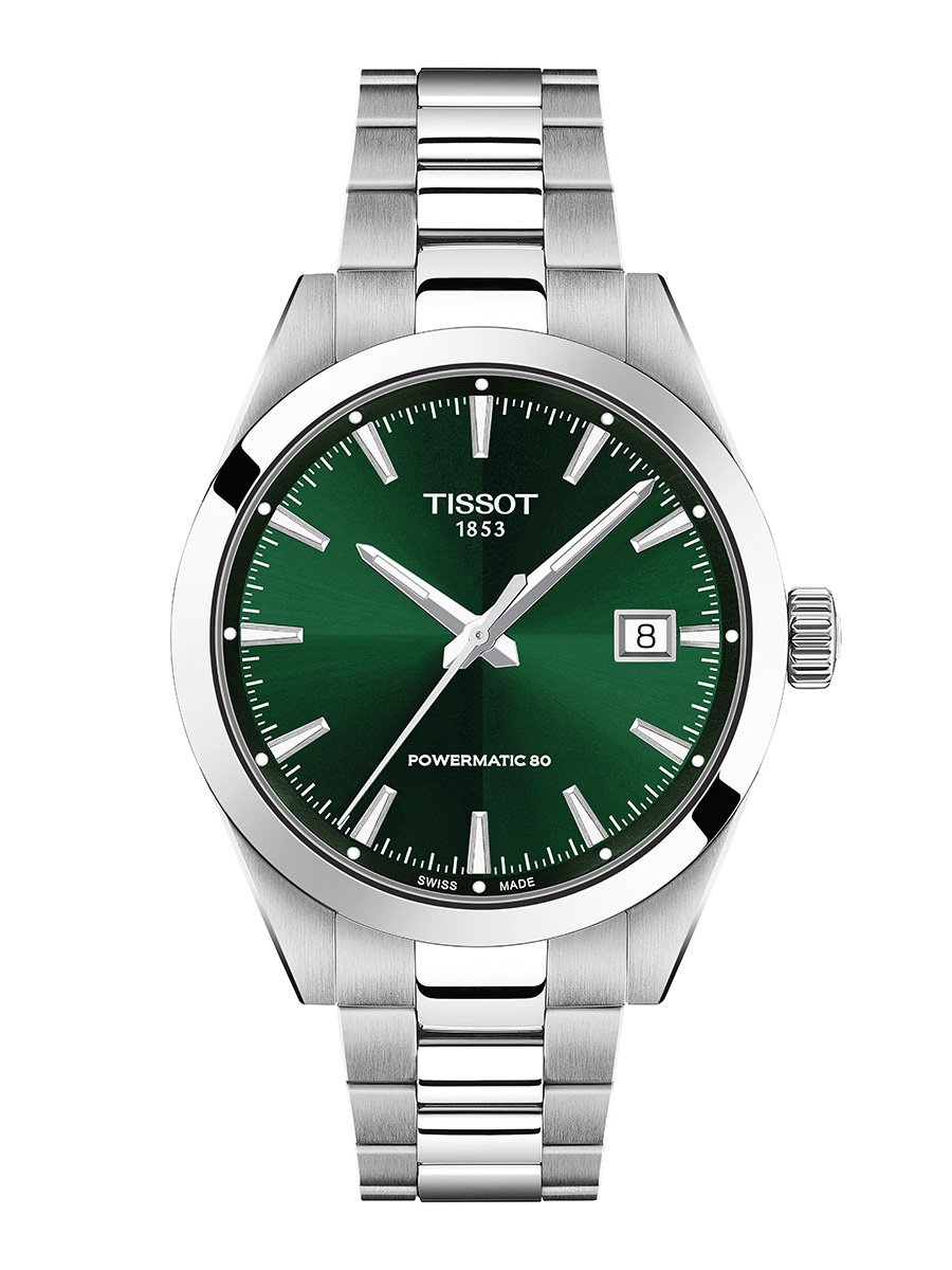 Tissot: Gentleman 38mm, Ref. T165.807.11.091.00, grünes Zifferblatt, Edelstahluhr vor weißem Hintergrund