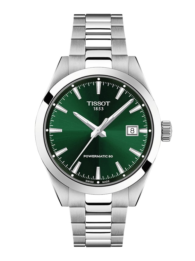 Tissot: Gentleman 38mm, Ref. T165.807.11.091.00, grünes Zifferblatt, Edelstahluhr vor weißem Hintergrund