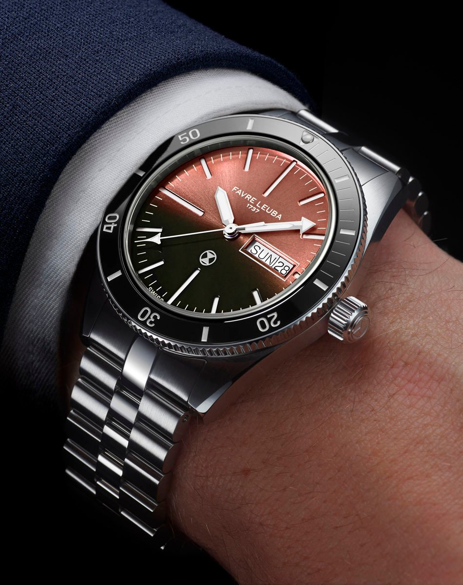 Favre Leuba: Deep Raider Day Date Salmon Wristshot