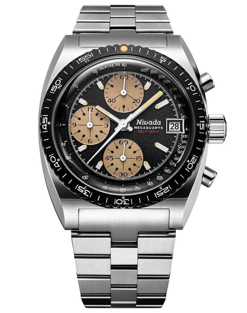 Nivada Grenchen Autochron Mecaquartz, Chronograph aus Edelstahl mit schwarzem Zifferbaltt