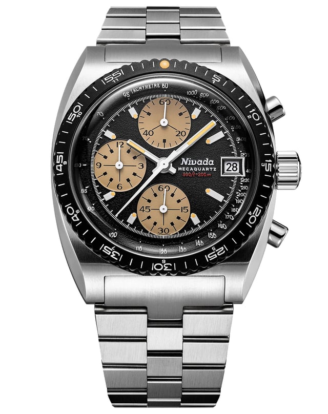 Nivada Grenchen Autochron Mecaquartz, Chronograph aus Edelstahl mit schwarzem Zifferbaltt