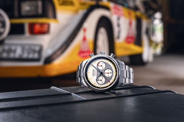 Union Glashuette Belisar Chronograph Limitierte Edition Silvretta Classic 2026, Uhr mit Fahrzeug