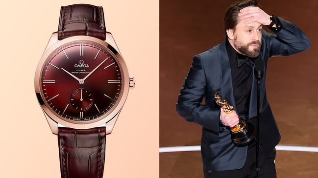 Kieran Culkin x Omega De Ville Trésor in Burgunderrot